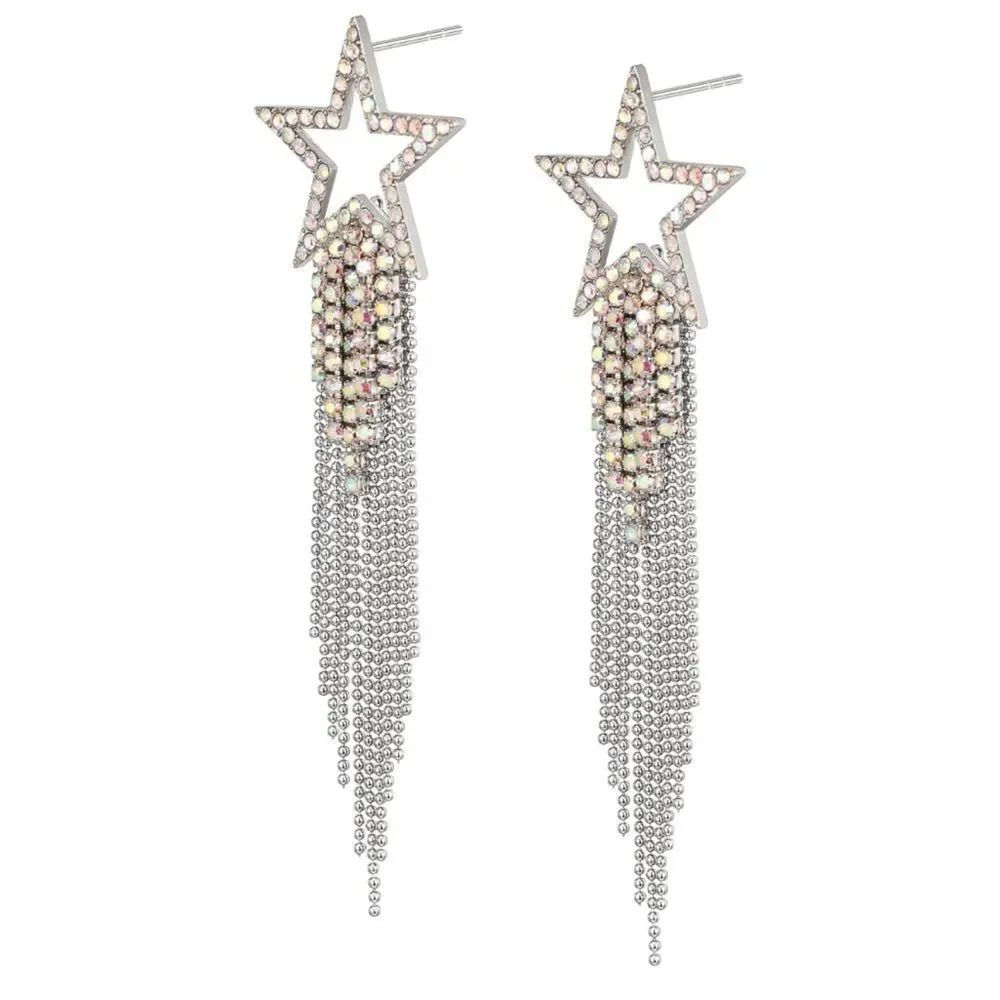 Silver with Iridescent AB Crystal Star Beaded Tassel Post Back Dangling Earrings